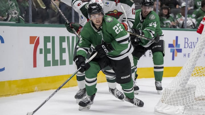 Sep 26, 2023; Dallas, Texas, USA; Dallas Stars center Mavrik Bourque (22) in action during the game between the Dallas Stars and the Minnesota Wild at American Airlines Center. Mandatory Credit: Jerome Miron-USA TODAY Sports