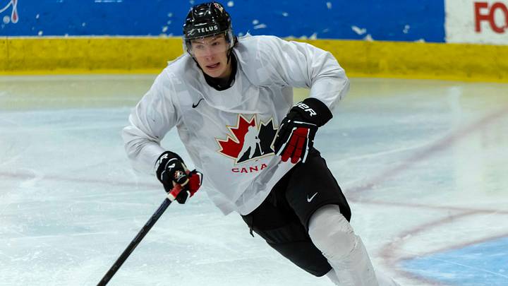 Canada forward Cole Beaudoin (29) turns up ice against Finland during the second period of the 2024 World Junior Summer Showcase: David Reginek-USA TODAY Sports