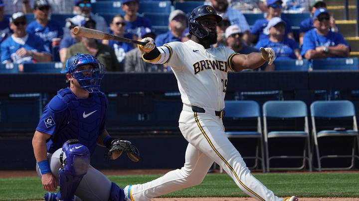 Mar 9, 2026; Phoenix, Arizona, USA; Milwaukee Brewers left fielder Akil Baddoo (25) hits against the Los Angeles Dodgers in the second inning at American Family Fields of Phoenix. Mandatory Credit: Rick Scuteri-Imagn Images Mar 9, 2026; Phoenix, Arizona, USA; Milwaukee Brewers left fielder Akil Baddoo (25) hits against the Los Angeles Dodgers in the second inning at American Family Fields of Phoenix. Mandatory Credit: Rick Scuteri-Imagn Images