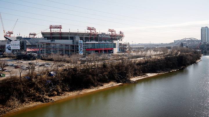 Nissan Stadium is seen behind the East Bank of the Cumberland River in Nashville on Jan. 27, 2025.