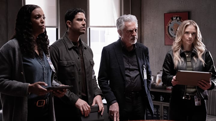 L-R: Aisha Tyler as Dr. Tara Lewis, Adam Rodriguez as Luke Alvez, Joe Mantegna as David Rossi and A.J. Cook as Jennifer ‘JJ’ Jareau in Criminal Minds: Evolution, episode 1, season 17 streaming on Paramount+, 2024. Photo Credit: Michael Yarish /Paramount+