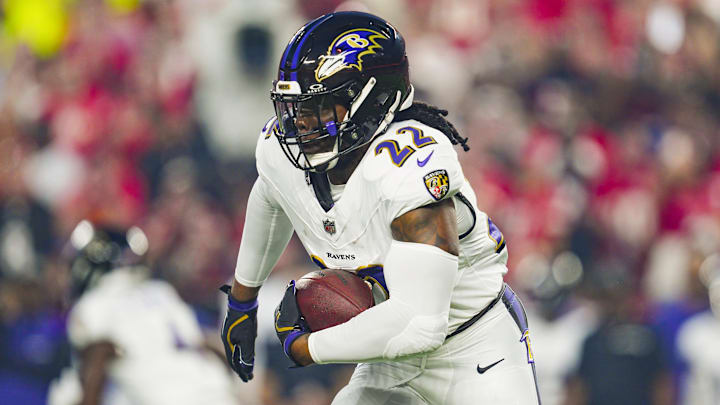 Sep 5, 2024; Kansas City, Missouri, USA; Baltimore Ravens running back Derrick Henry (22) runs the ball during the first half against the Kansas City Chiefs at GEHA Field at Arrowhead Stadium. Mandatory Credit: Jay Biggerstaff-Imagn Images Sep 5, 2024; Kansas City, Missouri, USA; Baltimore Ravens running back Derrick Henry (22) runs the ball during the first half against the Kansas City Chiefs at GEHA Field at Arrowhead Stadium. Mandatory Credit: Jay Biggerstaff-Imagn Images