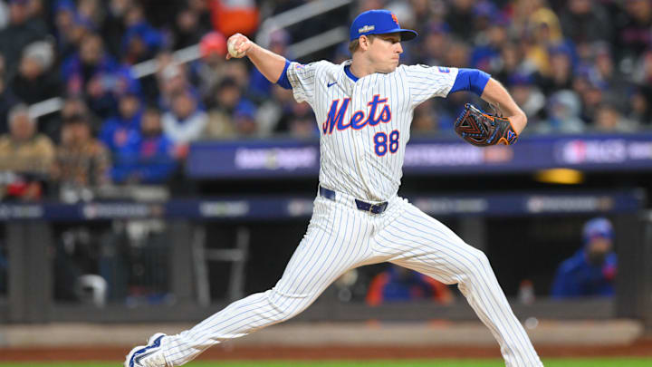 Oct 17, 2024; New York City, New York, USA; New York Mets pitcher Phil Maton (88) throws a pitch against the Los Angeles Dodgers in the sixth inning during game four of the NLCS for the 2024 MLB playoffs at Citi Field. Mandatory Credit: John Jones-Imagn Images Oct 17, 2024; New York City, New York, USA; New York Mets pitcher Phil Maton (88) throws a pitch against the Los Angeles Dodgers in the sixth inning during game four of the NLCS for the 2024 MLB playoffs at Citi Field. Mandatory Credit: John Jones-Imagn Images