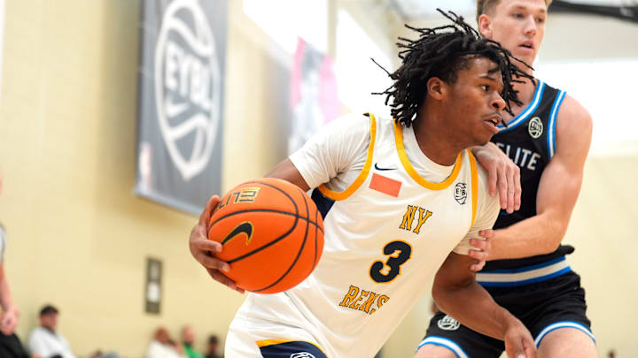 July 15, 2025; North Augusta, South Carolina, USA; NY Rens Jasiah Jervis (3) moves towards the basket during the NY Rens and JL3 game at Nike EYBL Peach Jam at Riverview Park Activities Center. The NY Rens won 83-53. Mandatory Credit: Katie Goodale - Augusta Chronicle/USA TODAY NETWORK