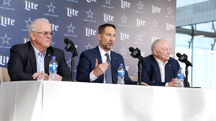 Dallas Cowboys CEO Stephen Jones, head coach Brian Schottenheimer, and owner Jerry Jones talk to the media at a press conference at the Star.