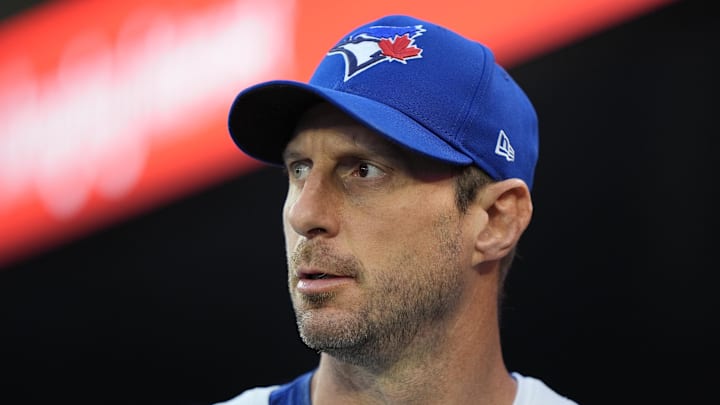 Toronto Blue Jays starting pitcher Max Scherzer (31) watches the action during his teams at bat against the Minnesota Twins during the first inning at Rogers Centre. 