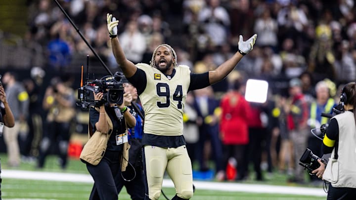 Dec 21, 2025; New Orleans, Louisiana, USA;  New Orleans Saints defensive end Cameron Jordan (94) during the run outs before the game against the New York Jets at Caesars Superdome. Mandatory Credit: Stephen Lew-Imagn Images