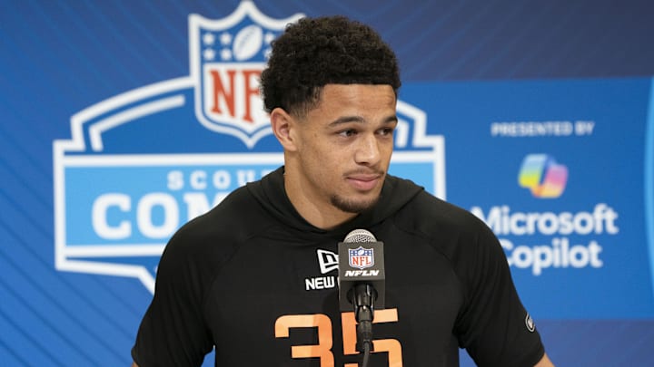 Feb 28, 2025; Indianapolis, IN, USA; Iowa Staet wideout Jaylin Noel (WO35) talks to the press during the 2025 NFL Combine at Indiana Convention Center. Mandatory Credit: Stephanie Amador Blondet-Imagn Images