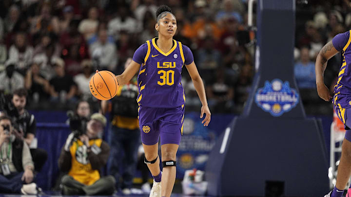 Mar 7, 2026; Greenville, SC, USA; Louisiana State Tigers guard Jada Richard (30) brings the ball up court against the South Carolina Gamecocks during the first half at Bon Secours Wellness Arena. Mandatory Credit: Jim Dedmon-Imagn Images