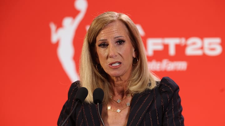 Apr 14, 2025; New York, New York, USA; WNBA commissioner Cathy Engelbert talks to the media before the 2025 WNBA Draft at The Shed at Hudson Yards. Mandatory Credit: Vincent Carchietta-Imagn Images