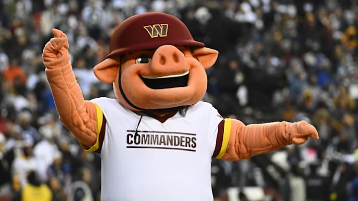 Jan 8, 2023; Landover, Maryland, USA; Washington Commanders mascot Major Tuddy against the Dallas Cowboys during the first half at FedExField. Mandatory Credit: Brad Mills-Imagn Images