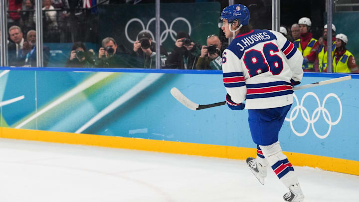 Jack Hughes (86) of the United States celebrates after scoring a goal during the Milano Cortina 2026 Olympic Winter Games: James Lang-Imagn Images Jack Hughes (86) of the United States celebrates after scoring a goal during the Milano Cortina 2026 Olympic Winter Games: James Lang-Imagn Images