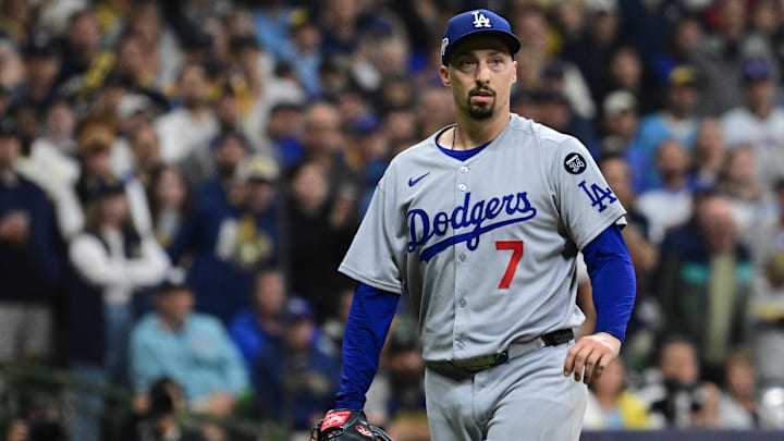 Oct 13, 2025; Milwaukee, Wisconsin, USA; Los Angeles Dodgers starting pitcher Blake Snell (7) walks back to the dugout following the seventh inning against the Milwaukee Brewers during game one of the NLCS round for the 2025 MLB playoffs at American Family Field. Mandatory Credit: Benny Sieu-Imagn Images Oct 13, 2025; Milwaukee, Wisconsin, USA; Los Angeles Dodgers starting pitcher Blake Snell (7) walks back to the dugout following the seventh inning against the Milwaukee Brewers during game one of the NLCS round for the 2025 MLB playoffs at American Family Field. Mandatory Credit: Benny Sieu-Imagn Images