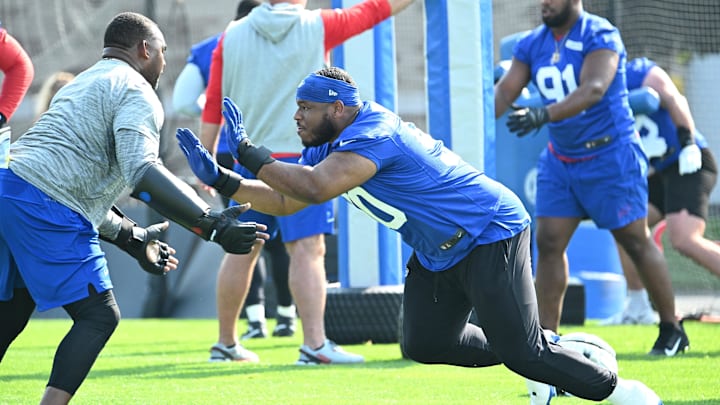 Jul 24, 2024; Rochester, NY, USA; Buffalo Bills defensive tackle DeWayne Carter (90) participates in a drill 