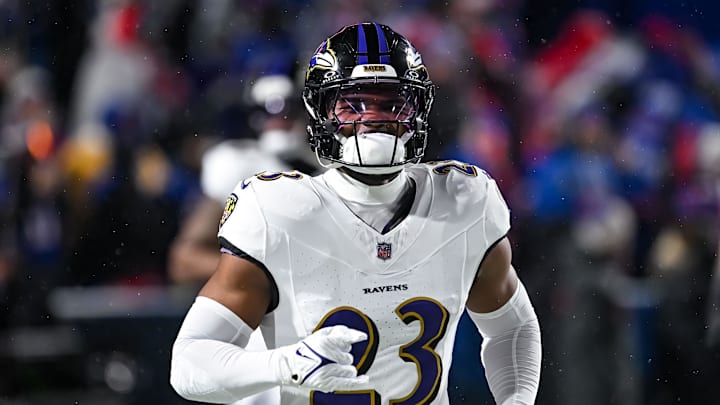 Jan 19, 2025; Orchard Park, New York, USA; Baltimore Ravens linebacker Trenton Simpson (23) enters the field before a 2025 AFC divisional round game against the Buffalo Bills at Highmark Stadium. Mandatory Credit: Mark Konezny-Imagn Images Jan 19, 2025; Orchard Park, New York, USA; Baltimore Ravens linebacker Trenton Simpson (23) enters the field before a 2025 AFC divisional round game against the Buffalo Bills at Highmark Stadium. Mandatory Credit: Mark Konezny-Imagn Images