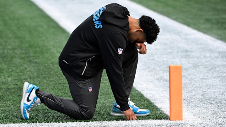 Oct 26, 2025; Charlotte, North Carolina, USA; Carolina Panthers quarterback Bryce Young (9) reflects before the game at Bank of America Stadium. Mandatory Credit: Bob Donnan-Imagn Images Oct 26, 2025; Charlotte, North Carolina, USA; Carolina Panthers quarterback Bryce Young (9) reflects before the game at Bank of America Stadium. Mandatory Credit: Bob Donnan-Imagn Images