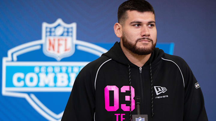 Feb 26, 2026; Indianapolis, IN, USA; Alabama tight end Joshua Cuevas (TE03) speaks to members of the media during the NFL Combine at the Indiana Convention Center. Mandatory Credit: Jacob Musselman-Imagn Images Feb 26, 2026; Indianapolis, IN, USA; Alabama tight end Joshua Cuevas (TE03) speaks to members of the media during the NFL Combine at the Indiana Convention Center. Mandatory Credit: Jacob Musselman-Imagn Images