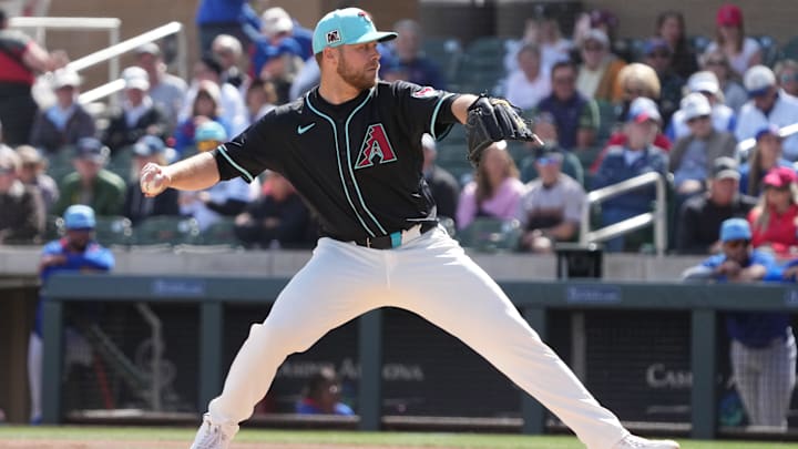 Mar 3, 2025; Salt River Pima-Maricopa, Arizona, USA; Arizona Diamondbacks pitcher Corbin Burnes (39) throws against the Chicago Cubs in the first inning at Salt River Fields at Talking Stick.