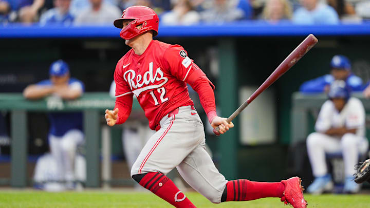 May 28, 2025; Kansas City, Missouri, USA; Cincinnati Reds designated hitter Austin Hays (12) bats against the Kansas City Royals at Kauffman Stadium. Mandatory Credit: Jay Biggerstaff-Imagn Images