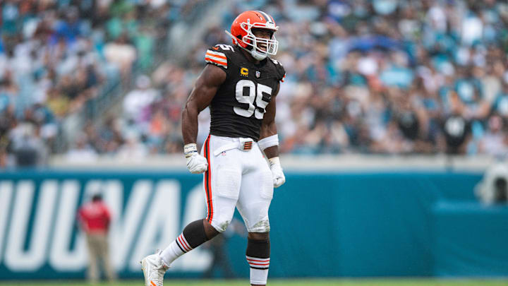Sep 15, 2024; Jacksonville, Florida, USA; Cleveland Browns defensive end Myles Garrett (95) celebrates a stop against the Jacksonville Jaguars in the third quarter at EverBank Stadium.