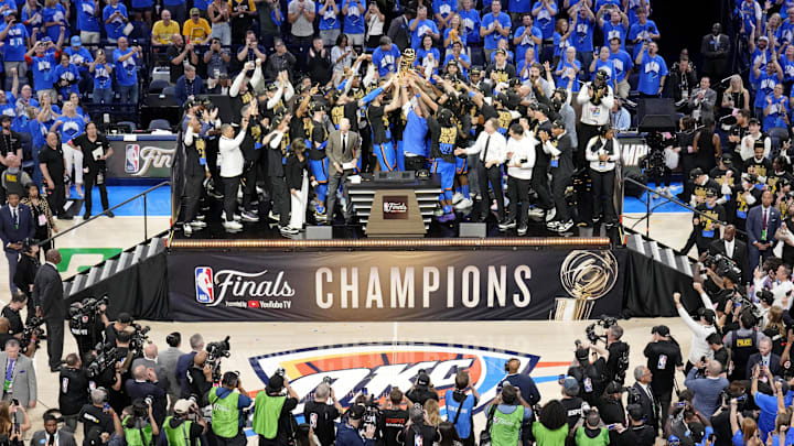 Jun 22, 2025; Oklahoma City, Oklahoma, USA; The Oklahoma City Thunder celebrate after winning game seven of the 2025 NBA Finals against the Indiana Pacers at Paycom Center. Mandatory Credit: Kyle Terada-Imagn Images Jun 22, 2025; Oklahoma City, Oklahoma, USA; The Oklahoma City Thunder celebrate after winning game seven of the 2025 NBA Finals against the Indiana Pacers at Paycom Center. Mandatory Credit: Kyle Terada-Imagn Images