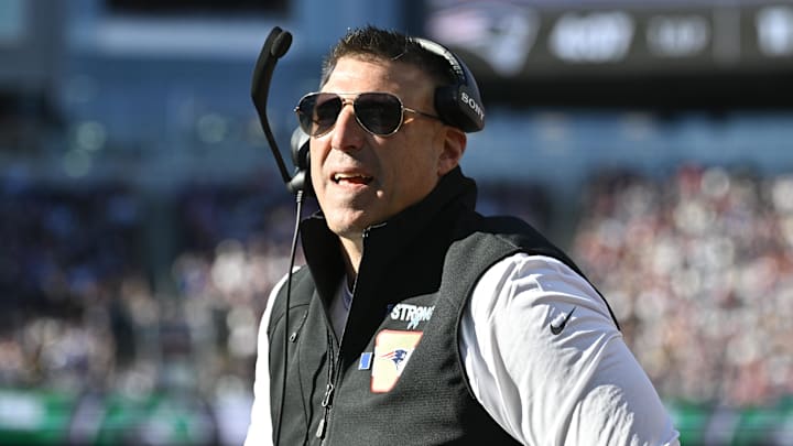 Nov 2, 2025; Foxborough, Massachusetts, USA; New England Patriots head coach Mike Vrabel reacts during the first quarter against the Atlanta Falcons at Gillette Stadium. Mandatory Credit: Eric Canha-Imagn Images