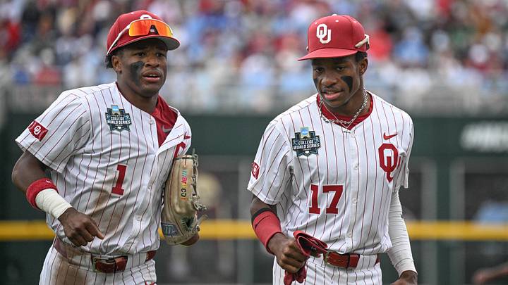 Oklahoma right fielder Dasan Harris (17) and center fielder Jason Walk (1) and their teammates are down to one final game against North Carolina to win the national championship. Oklahoma right fielder Dasan Harris (17) and center fielder Jason Walk (1) and their teammates are down to one final game against North Carolina to win the national championship.
