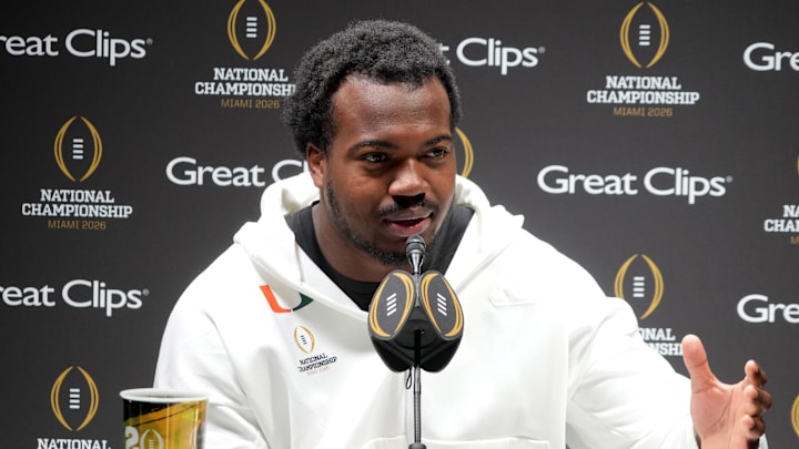 Jan 17, 2026; Miami, Florida, USA; Miami Hurricanes defensive lineman Rueben Bain Jr. during media day for the 2025 College Football Playoff National Championship at Miami Beach Convention Center. Mandatory Credit: Kirby Lee-Imagn Images Jan 17, 2026; Miami, Florida, USA; Miami Hurricanes defensive lineman Rueben Bain Jr. during media day for the 2025 College Football Playoff National Championship at Miami Beach Convention Center. Mandatory Credit: Kirby Lee-Imagn Images