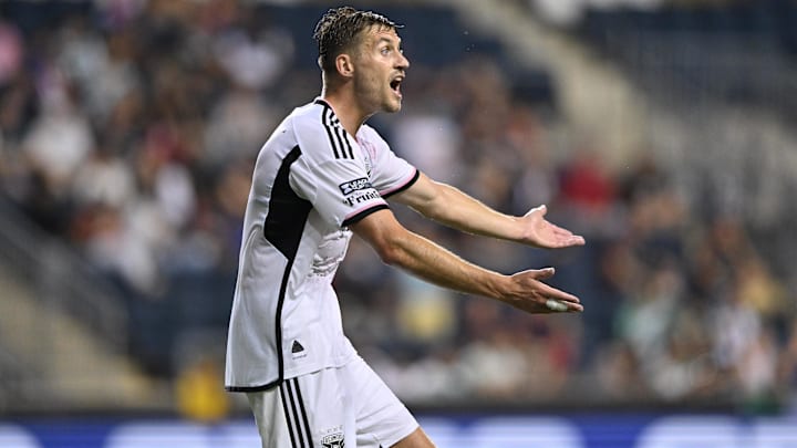 Jul 31, 2024; Chester, Pennsylvania, USA; D.C. United defender Lucas Bartlett (3) reacts against Santos Laguna in the second half at Subaru Park. Mandatory Credit: Kyle Ross-USA TODAY Sports