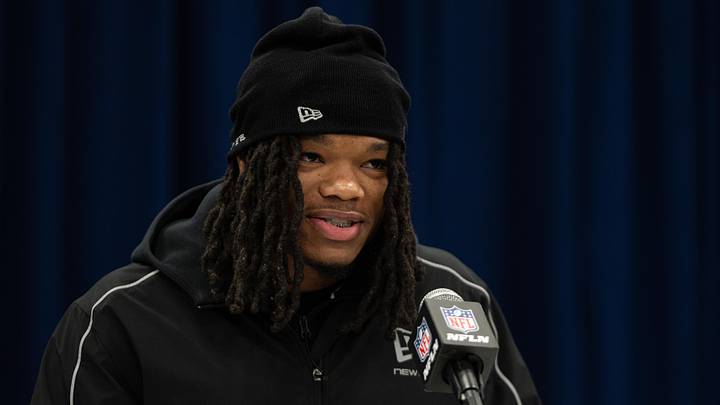 Zavion Thomas speaks to members of the media during the NFL Combine. Mandatory Credit: Jacob Musselman-Imagn Images