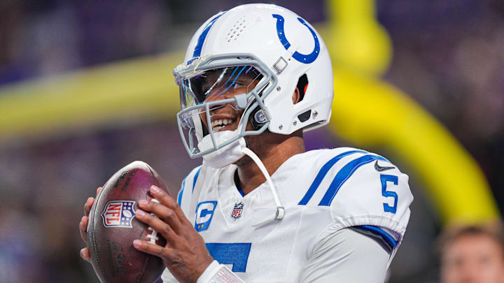 Nov 3, 2024; Minneapolis, Minnesota, USA; Indianapolis Colts quarterback Anthony Richardson (5) warms up before the game against the Minnesota Vikings at U.S. Bank Stadium. Mandatory Credit: Brad Rempel-Imagn Images