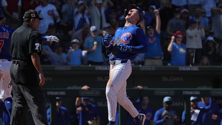 Mar 4, 2025; Mesa, Arizona, USA; Chicago Cubs outfielder Pete Crow-Armstrong (4) reacts after hitting an RBI single and scoring a run on two errors against the San Diego Padres in the second inning at Sloan Park. Mar 4, 2025; Mesa, Arizona, USA; Chicago Cubs outfielder Pete Crow-Armstrong (4) reacts after hitting an RBI single and scoring a run on two errors against the San Diego Padres in the second inning at Sloan Park.