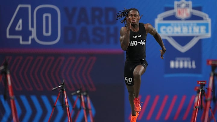 Mar 2, 2024; Indianapolis, IN, USA; Texas wide receiver Xavier Worthy (WO40) ran an official time of