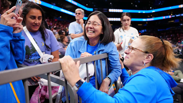 Apr 4, 2026; Phoenix, AZ, USA; UCLA Bruins head coach Cori Close interacts with fans during practice at Mortgage Matchup Center. Mandatory Credit: Kirby Lee-Imagn Images