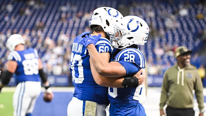 Oct 26, 2025; Indianapolis, Indiana, USA; Indianapolis Colts running back Jonathan Taylor (28) and Indianapolis Colts center Tanor Bortolini (60) warm up before the game against the Tennessee Titans at Lucas Oil Stadium. Mandatory Credit: Robert Goddin-Imagn Images Oct 26, 2025; Indianapolis, Indiana, USA; Indianapolis Colts running back Jonathan Taylor (28) and Indianapolis Colts center Tanor Bortolini (60) warm up before the game against the Tennessee Titans at Lucas Oil Stadium. Mandatory Credit: Robert Goddin-Imagn Images