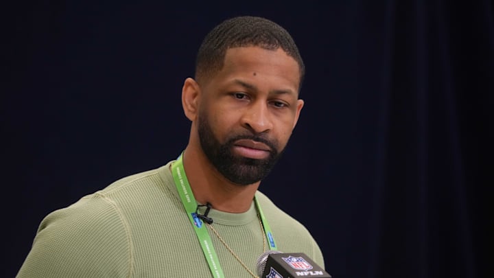 Feb 25, 2025; Indianapolis, IN, USA; Cleveland Browns general manager Andrew Berry speaks during the NFL Scouting Combine at the Indiana Convention Center. Mandatory Credit: Kirby Lee-Imagn Images