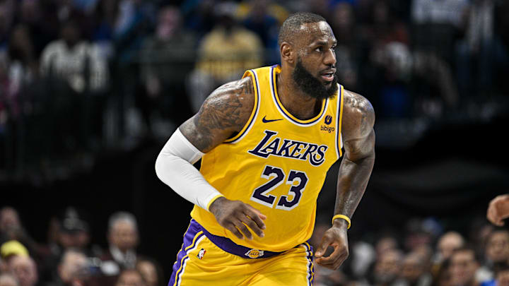 Dec 12, 2023; Dallas, Texas, USA; Los Angeles Lakers forward LeBron James (23) in action during the game between the Dallas Mavericks and the Los Angeles Lakers at the American Airlines Center. Mandatory Credit: Jerome Miron-Imagn Images Dec 12, 2023; Dallas, Texas, USA; Los Angeles Lakers forward LeBron James (23) in action during the game between the Dallas Mavericks and the Los Angeles Lakers at the American Airlines Center. Mandatory Credit: Jerome Miron-Imagn Images