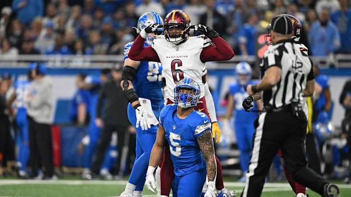 Jan 18, 2025; Detroit, Michigan, USA; Washington Commanders linebacker Dante Fowler Jr. (6) reacts to a tackle against Detroit Lions running back David Montgomery.