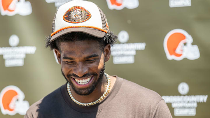 May 10, 2025; Berea, OH, USA; Cleveland Browns quarterback Shedeur Sanders (12) talks to the media during rookie minicamp at CrossCountry Mortgage Campus. Mandatory Credit: Ken Blaze-Imagn Images