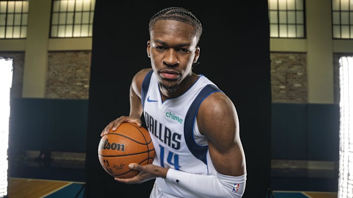 Sep 29, 2025; Dallas, TX, USA; Dallas Mavericks guard Miles Kelly (14) poses for a photo during the Mavericks 2025 media day at the American Airlines Center. Sep 29, 2025; Dallas, TX, USA; Dallas Mavericks guard Miles Kelly (14) poses for a photo during the Mavericks 2025 media day at the American Airlines Center.