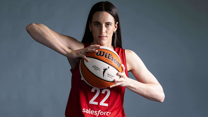 Apr 30, 2025; Indianapolis, IN, USA; Indiana Fever guard Caitlin Clark poses for a photo Wednesday, April 30, 2025, during the Indiana Fever media day at Gainbridge Fieldhouse in Indianapolis. Mandatory Credit: Grace Smith-USA TODAY Network via Imagn Images