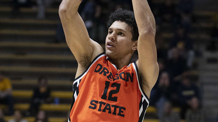 February 22, 2024; Berkeley, California, USA; Oregon State Beavers forward Michael Rataj (12) shoots the basketball against the California Golden Bears during the second half at Haas Pavilion. Mandatory Credit: Kyle Terada-Imagn Images February 22, 2024; Berkeley, California, USA; Oregon State Beavers forward Michael Rataj (12) shoots the basketball against the California Golden Bears during the second half at Haas Pavilion. Mandatory Credit: Kyle Terada-Imagn Images