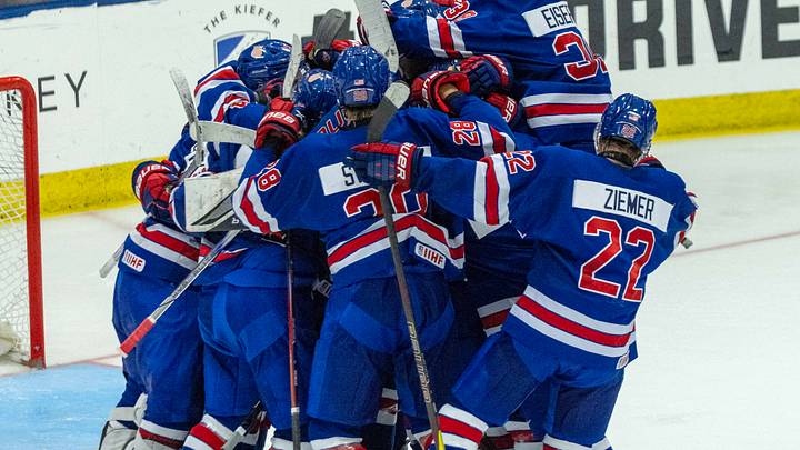 Aug 3, 2024; Plymouth, MI, USA; Team USA celebrates their O.T. shootout win over Canada during the of the 2024 World Junior Summer Showcase at USA Hockey Arena. Mandatory Credit: David Reginek-USA TODAY Sports Aug 3, 2024; Plymouth, MI, USA; Team USA celebrates their O.T. shootout win over Canada during the of the 2024 World Junior Summer Showcase at USA Hockey Arena. Mandatory Credit: David Reginek-USA TODAY Sports