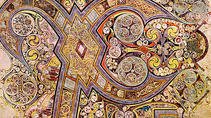 A detail of the Chi Rho monogram in the Book of Kells, a priceless illustrated manuscript from the Middle Ages.
