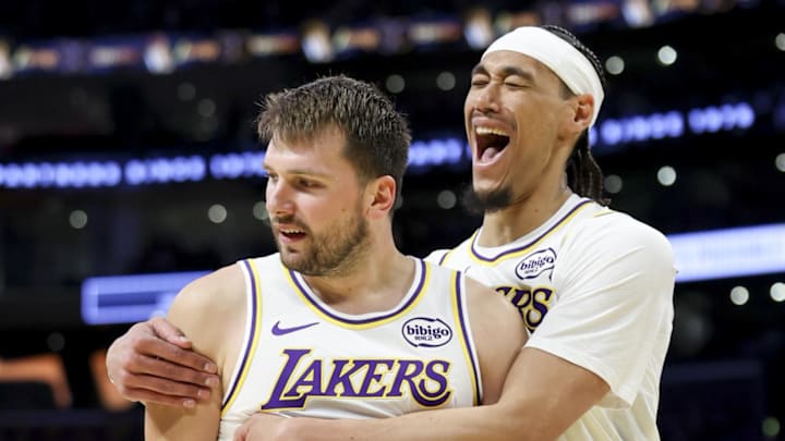 Mar 1, 2026; Los Angeles, California, USA; Los Angeles Lakers guard Luka Doncic (77) and center Jaxson Hayes (11) celebrate together in the third quarter against the Sacramento Kings at Crypto.com Arena. Mandatory Credit: William Navarro-Imagn Images