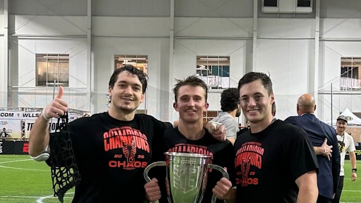 Rutgers lacrosse alums Shane Knobloch, Ross Scott, and Christian Celebrate celebrate winning the Premiere Lacrosse Championship with the Carolina Chaos. 