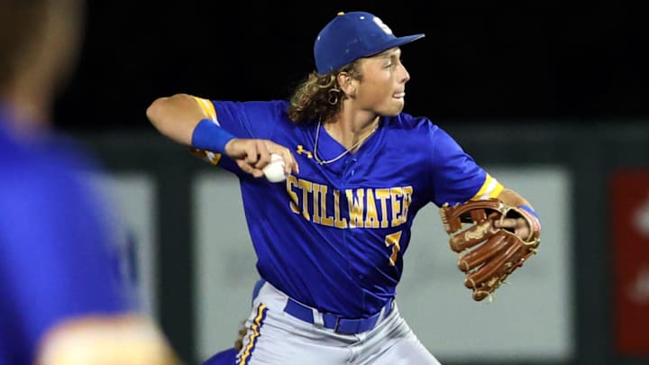 Ethan Holliday throws to first during the Class 6A State Baseball Tournament as Choctaw plays Stillwater on May 9, 2024; Norman, OK, [USA]; at Norman North HS.
