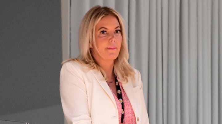 Jul 13, 2019; El Segundo, CA, USA; Los Angeles Lakers team owner Jeannie Buss looks on from her office during an introductory press conference for Lakers forward/center Anthony Davis (not pictured) at the UCLA Health Training Center. Mandatory Credit: Jayne Kamin-Oncea-Imagn Images