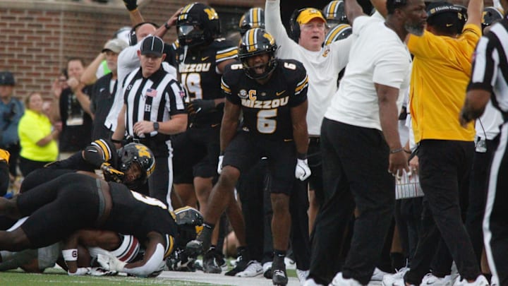 Sept 20, 2025; Columbia, Missouri, USA; Missouri Tigers safety Jalen Catalon celebrates in the first quarter against South Carolina.