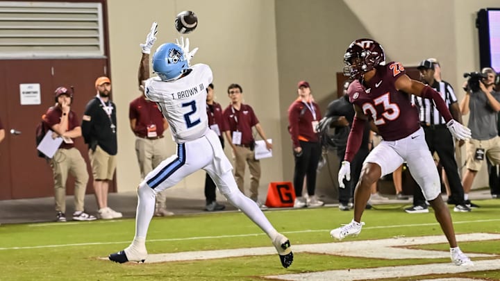 Sep 13, 2025; Blacksburg, Virginia, USA; Old Dominion Monarchs wide receiver Tre' Brown III (2) catches a pass for a touchdown as Virginia Tech Hokies cornerback Thomas Williams (23) defends during the second quarter at Lane Stadium. Mandatory Credit: Brian Bishop-Imagn Images Sep 13, 2025; Blacksburg, Virginia, USA; Old Dominion Monarchs wide receiver Tre' Brown III (2) catches a pass for a touchdown as Virginia Tech Hokies cornerback Thomas Williams (23) defends during the second quarter at Lane Stadium. Mandatory Credit: Brian Bishop-Imagn Images